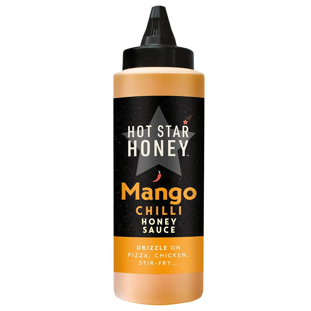 Hot Star Honey Mango Chilli Honey Sauce in a clear bottle, showcasing vibrant mango and chili ingredients for Asian-inspired flavor.