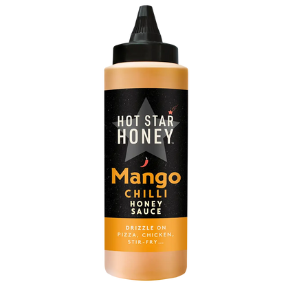 Hot Star Honey Mango Chilli Honey Sauce in a clear bottle, showcasing vibrant mango and chili ingredients for Asian-inspired flavor.