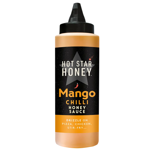 Hot Star Honey Mango Chilli Honey Sauce in a clear bottle, showcasing vibrant mango and chili ingredients for Asian-inspired flavor.