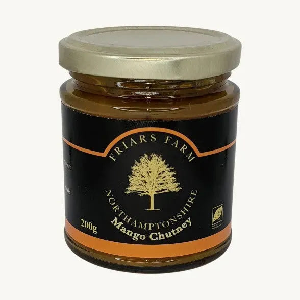 Jar of Friars Farm Mango Chutney 200g with vibrant mango pieces and rich chutney sauce visible in a clear glass jar.