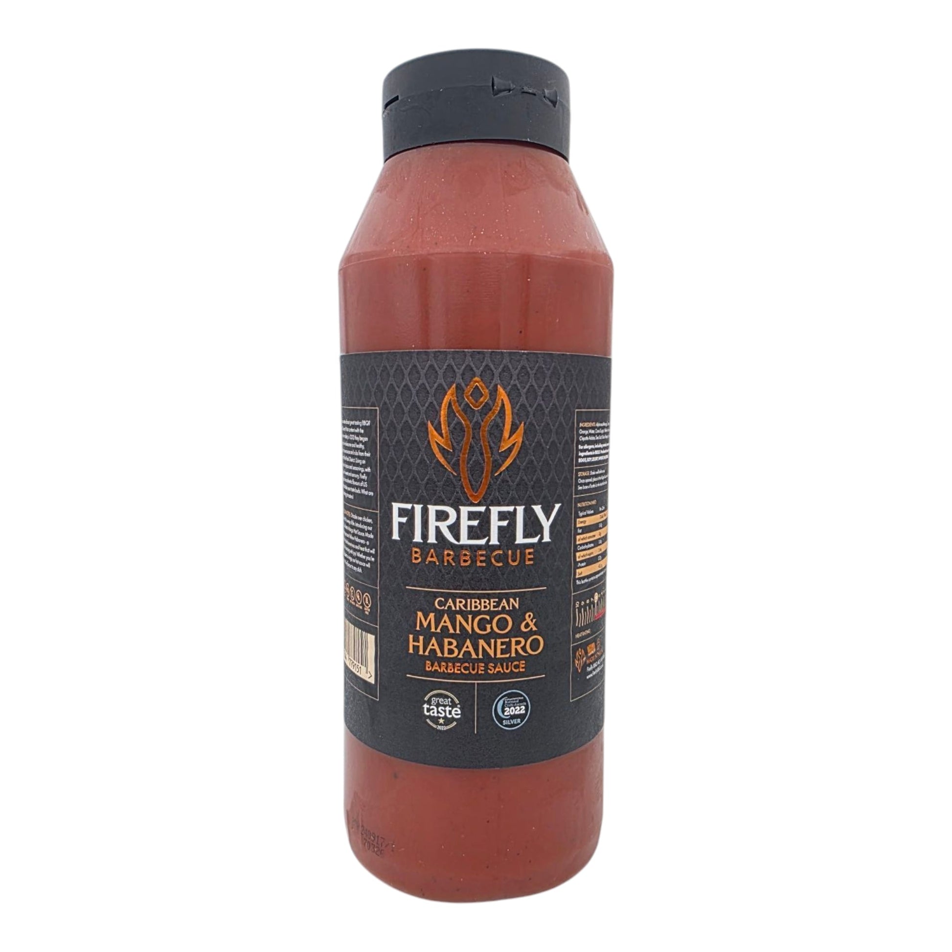 FireFly Barbecue Caribbean Mango Hot Sauce bottle with vibrant label, showcasing a flavorful mango and habanero pepper blend.