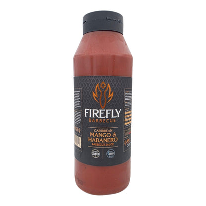 FireFly Barbecue Caribbean Mango Hot Sauce bottle with vibrant label, showcasing a flavorful mango and habanero pepper blend.