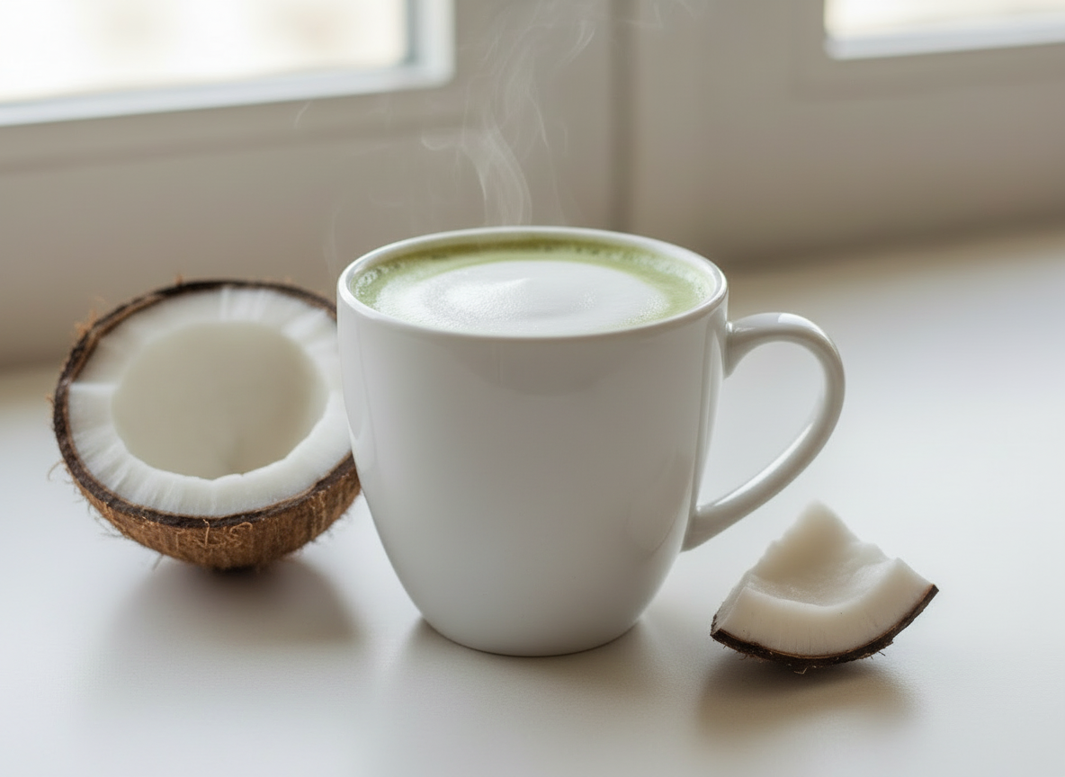 Vegan organic matcha latte powder in a sachet, featuring bright green matcha and creamy texture, ready for a delicious drink.