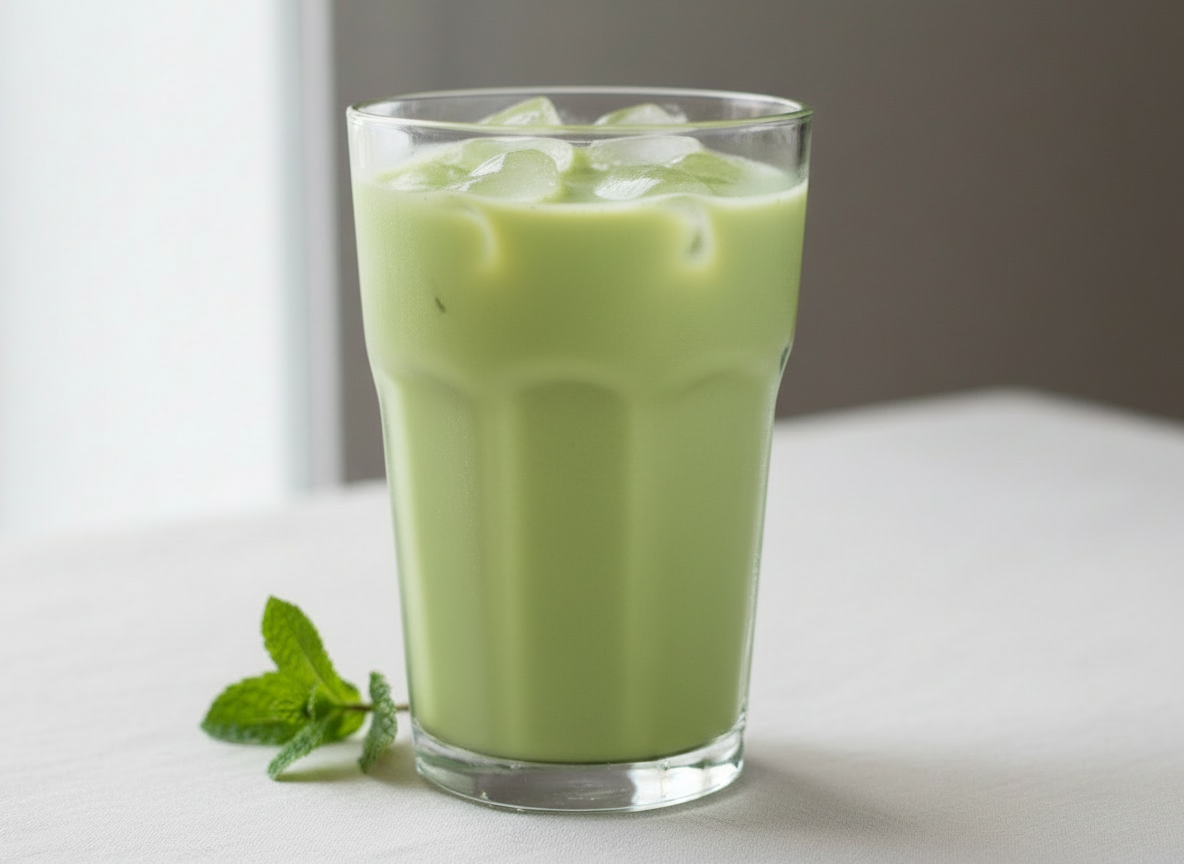 Vegan organic matcha latte powder drink mix in a sachet, with vibrant green matcha powder and a cup of prepared latte on a saucer.