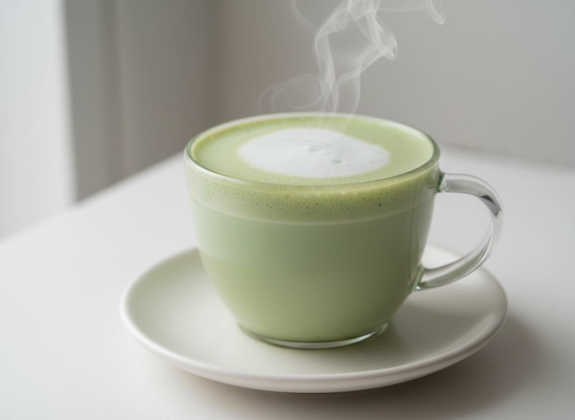 Organic Matcha Latte Powder Drink Mix by Siocolat in a sachet, featuring vibrant green matcha powder for a creamy vegan beverage.