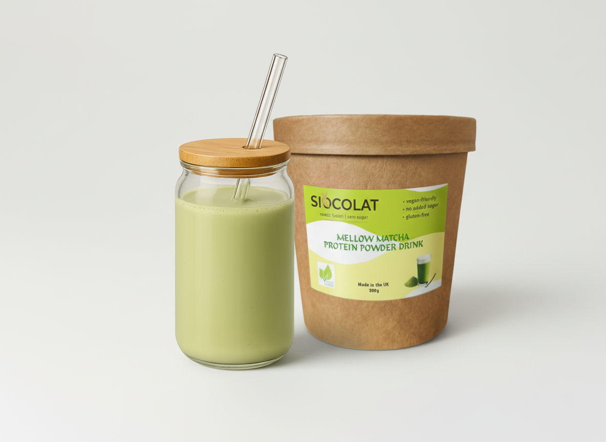 Siocolat Mellow Matcha Protein Powder Drink 300g in a glass with green matcha powder, showcasing a vibrant, healthy beverage.
