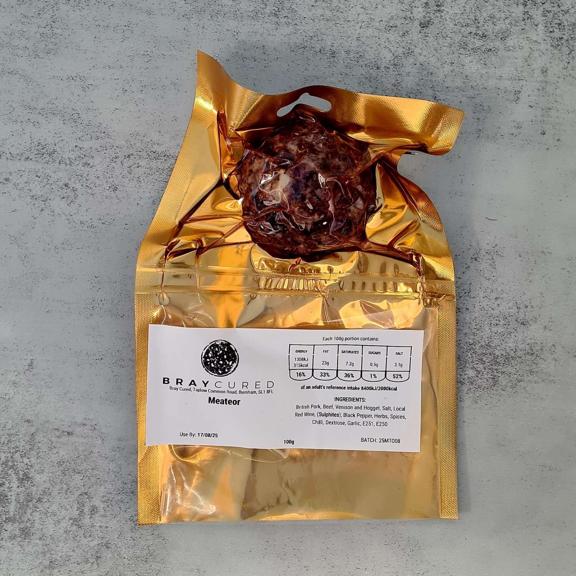 Front view of Bray Cured Meateors charcuterie pack featuring assorted cured meat slices and meats in a clear packaging.
