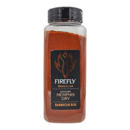 FireFly Barbecue Memphis Dry Savoury BBQ Rub container with label showing the spice blend for grilling and smoking.