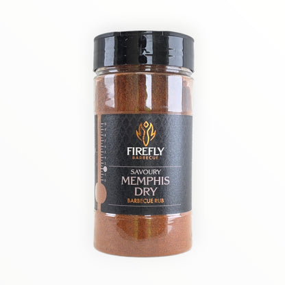 FireFly Barbecue Memphis Dry Savoury BBQ Rub in a jar, showcasing the seasoning blend for grilling and barbecuing.