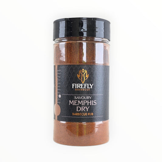 FireFly Barbecue Memphis Dry Savoury BBQ Rub in a jar, showcasing the seasoning blend for grilling and barbecuing.