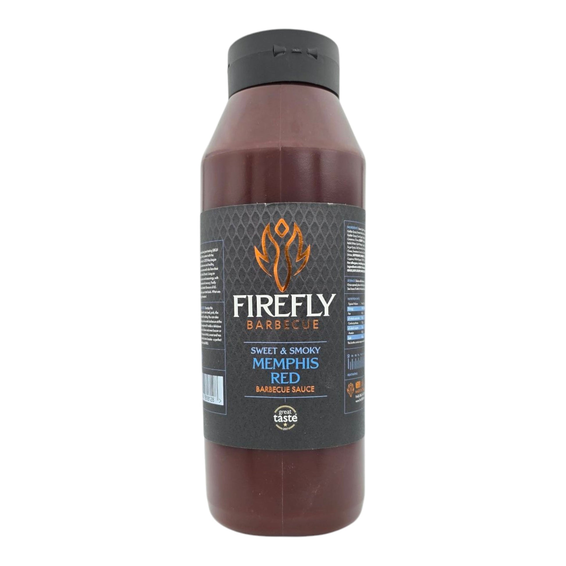 FireFly Barbecue Memphis Red Sweet and Smoky BBQ Sauce bottle, close-up showing the label and rich sauce color.