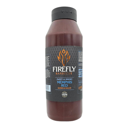 FireFly Barbecue Memphis Red Sweet and Smoky BBQ Sauce bottle, close-up showing the label and rich sauce color.