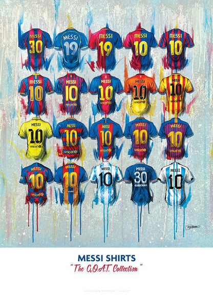Limited edition A2 signed print of Messi from Terry Kneeshaw's Goat Collection, showcasing detailed portrait artwork.