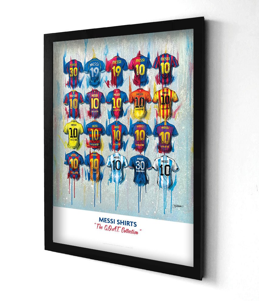 Limited edition A2 signed print of Messi from the Goat Collection by Terry Kneeshaw Art, showcasing a vibrant sports artwork.