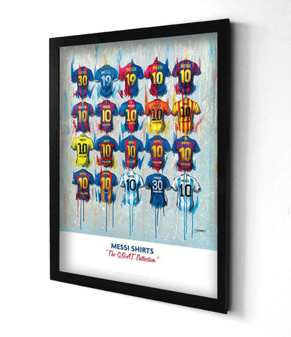 Limited edition A2 signed print of Messi from the Goat Collection by Terry Kneeshaw Art, showcasing a vibrant sports artwork.