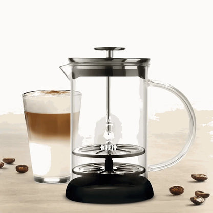 Bialetti Tuttocrema glass milk frother for hot lattes, featuring a clear glass body and stainless steel lid, by Brew Italia.