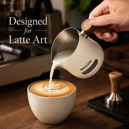 KNOCDIC® milk frothing pitcher with thermometer used for latte art and frothing milk in coffee preparation.