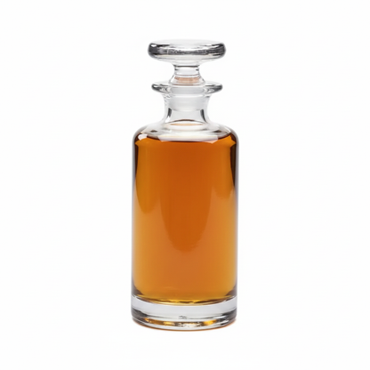 Handmade mini decanter from Glassware UK filled with whisky, 0.15 liters, crafted from clear glass with a stopper.