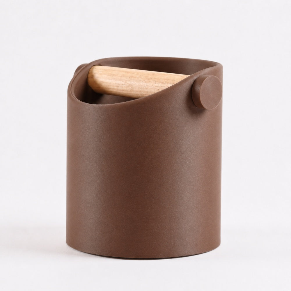 KNOCDIC® minimalist coffee knock box with brown finish and real oak wood bar for espresso pucks.