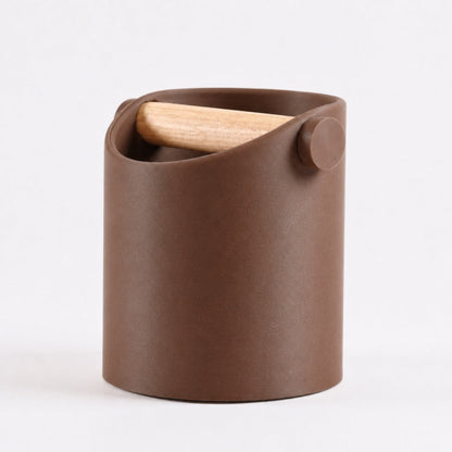 KNOCDIC® minimalist coffee knock box with brown finish and real oak wood bar for espresso pucks.