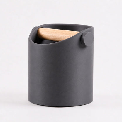 Minimalist charcoal coffee knock box with real oak wood bar by KNOCDIC®, featuring sleek design and durable construction.