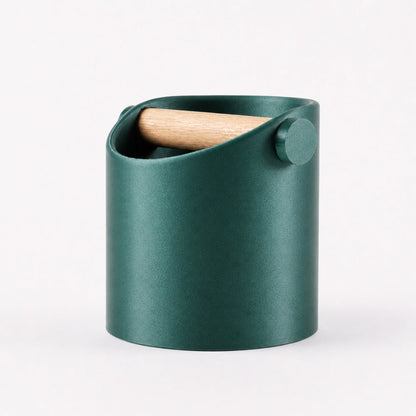KNOCDIC® minimalist coffee knock box with galaxy green finish and real oak wood bar for espresso grounds disposal.