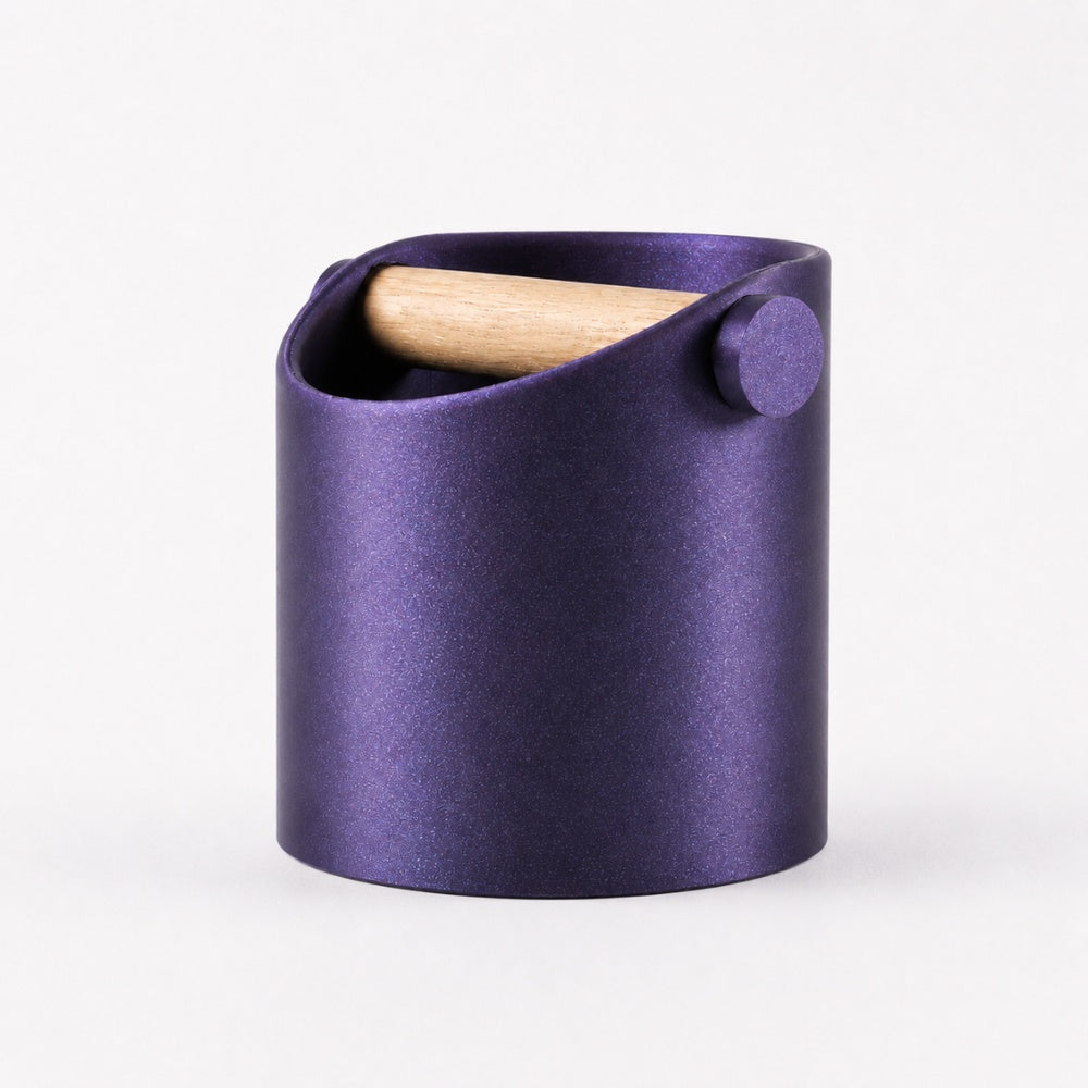 KNOCDIC® minimalist coffee knock box with real oak wood bar, in galaxy purple, featuring sleek design and sturdy construction.