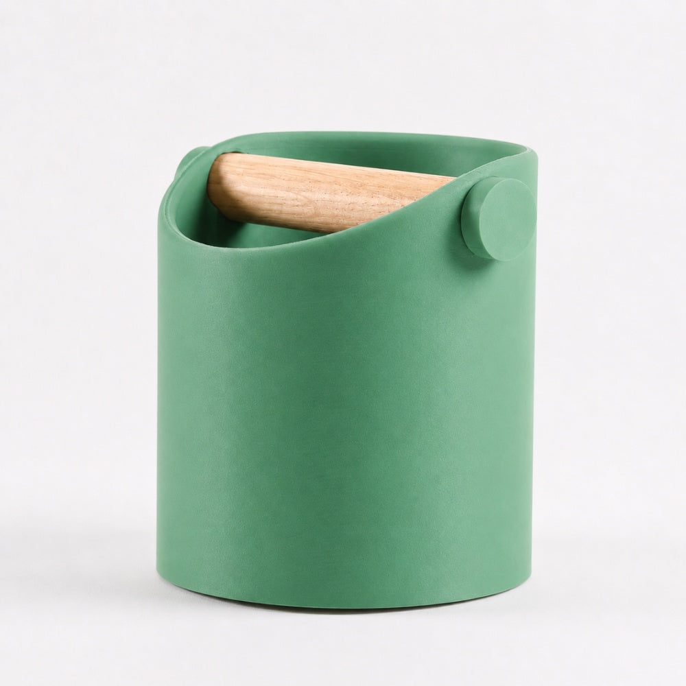 KNOCDIC® minimalist coffee knock box with grass green finish and real oak wood bar for espresso puck disposal.