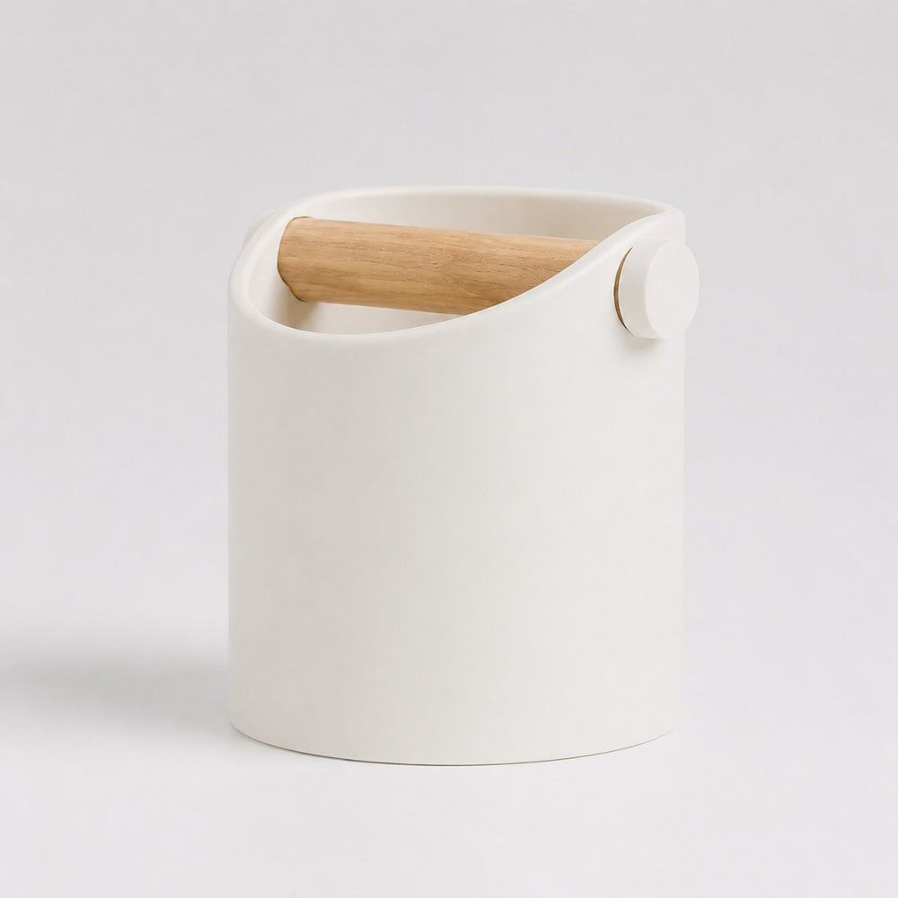 Minimalist ivory white coffee knock box with real oak wood bar by KNOCDIC® for espresso machine cleanup.