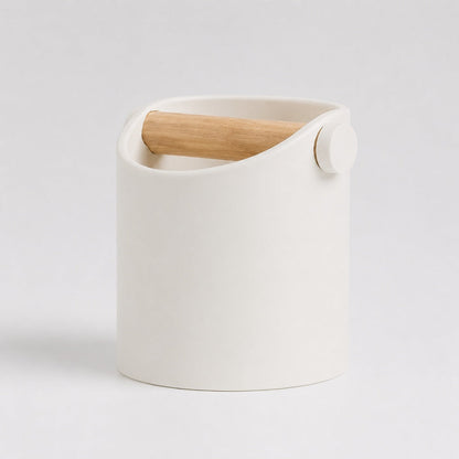 Minimalist ivory white coffee knock box with real oak wood bar by KNOCDIC® for espresso machine cleanup.