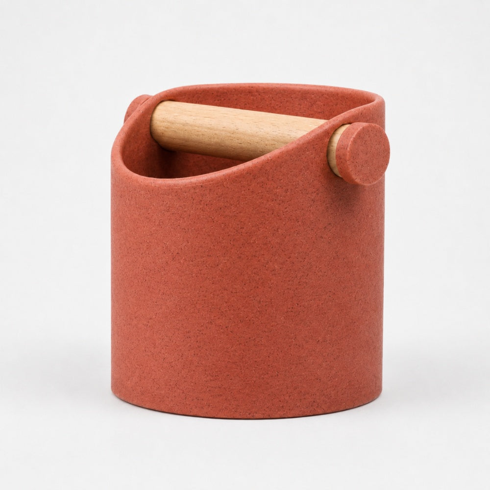 KNOCDIC® minimalist coffee knock box with marble red finish and real oak wood bar, designed for espresso machine cleanup.