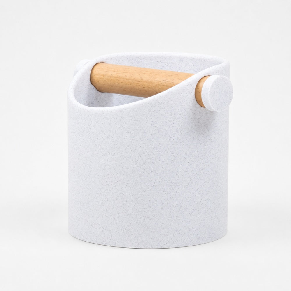 KNOCDIC® minimalist coffee knock box with white marble finish and real oak wood bar for espresso machine use