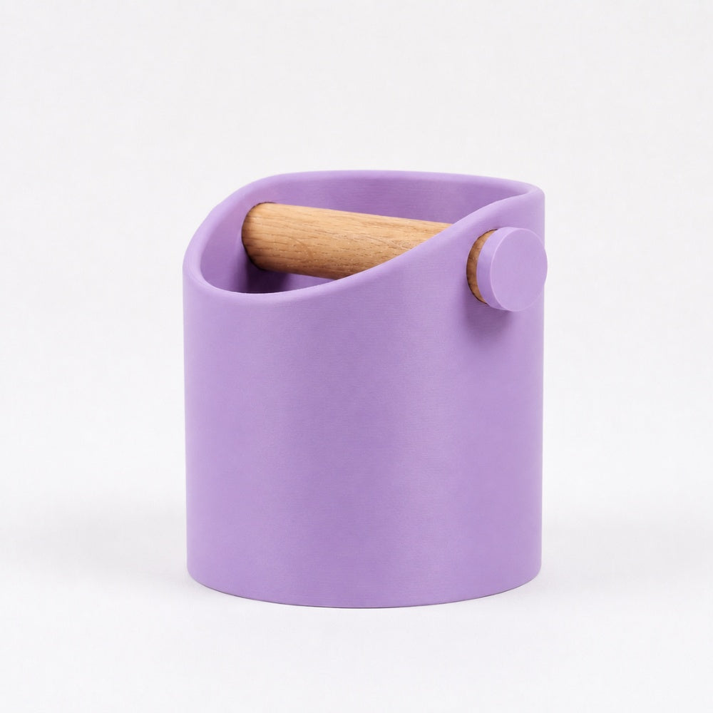 Purple minimalist KNOCDIC® coffee knock box with a sleek design and real oak wood bar for espresso grounds disposal.