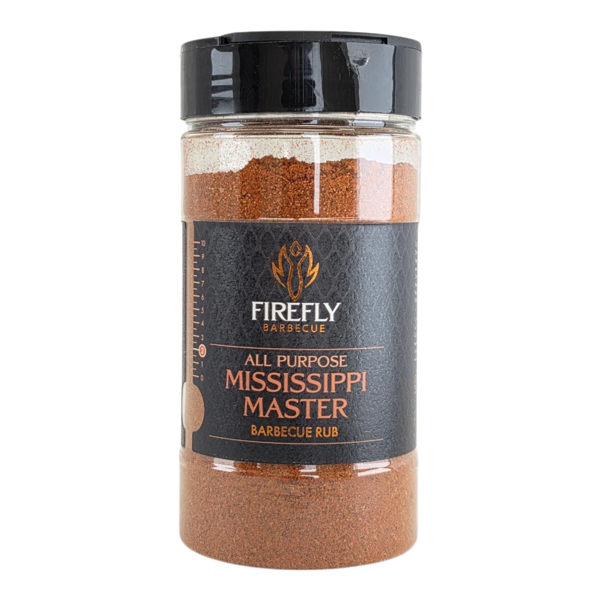 FireFly Barbecue Mississippi Master All-Purpose BBQ Rub jar with label and spice blend visible in the image.