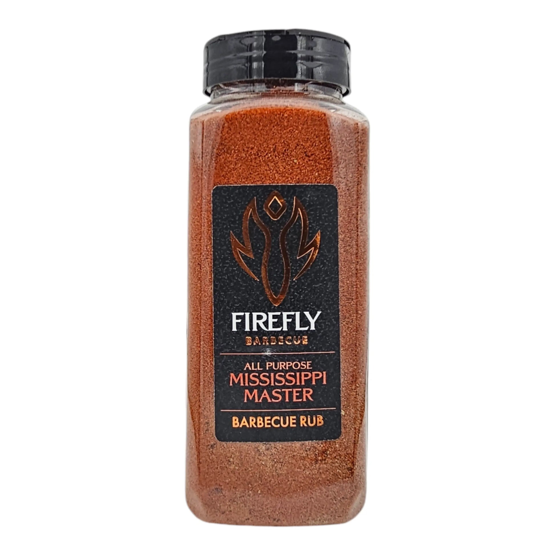 FireFly Barbecue Mississippi Master All-Purpose BBQ Rub in a jar, featuring a blend of spices for grilling and smoking meat.