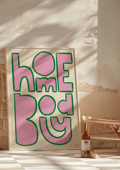 Bright pink and green living room wall art with bold print, featuring the Homebody design by Peak Prints for stylish home decor.