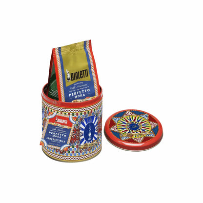 Bialetti X Dolce&Gabbana Sicilian Cart gift set featuring a 3-cup moka coffee maker and coffee tin with vibrant design.
