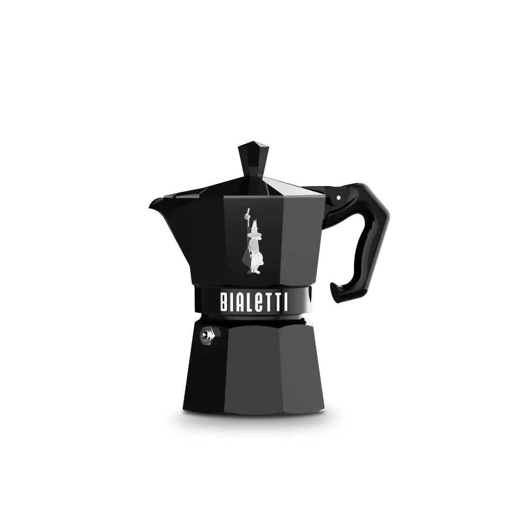 Black Bialetti Moka Express Exclusive 3-cup coffee maker by Brew Italia, showcasing its classic stovetop espresso pot design.