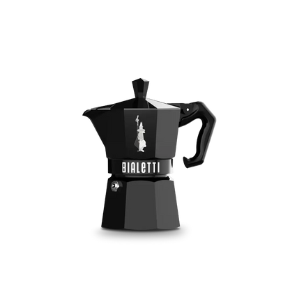 Black Bialetti Moka Express Exclusive 3-cup coffee maker by Brew Italia, showcasing its classic stovetop espresso pot design.