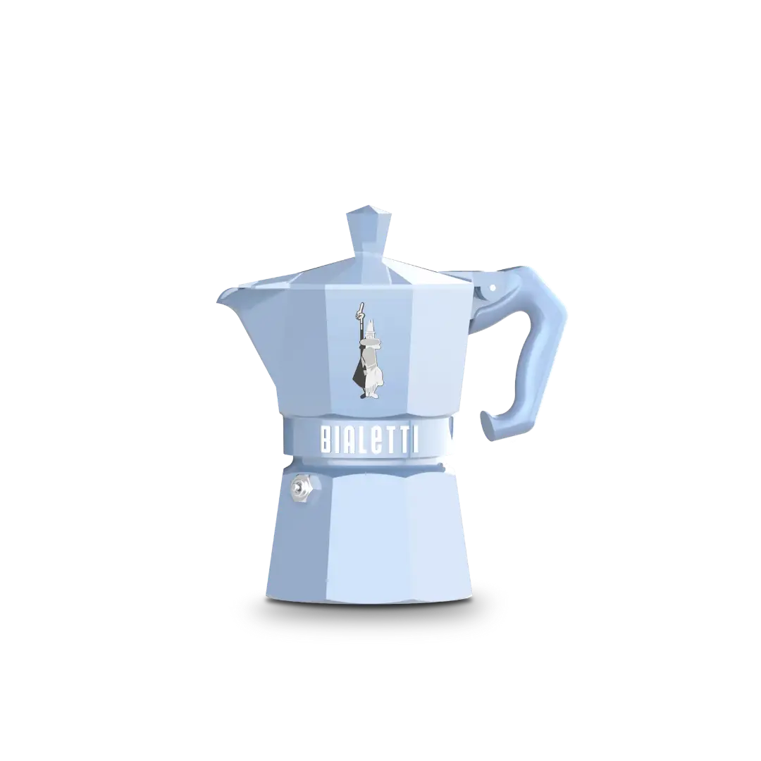 Blue Bialetti Moka Express Exclusive 3-cup coffee maker by Brew Italia with stainless steel handle and classic Italian design.