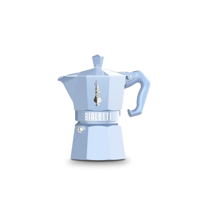 Blue Bialetti Moka Express Exclusive 3-cup coffee maker by Brew Italia with stainless steel handle and classic Italian design.