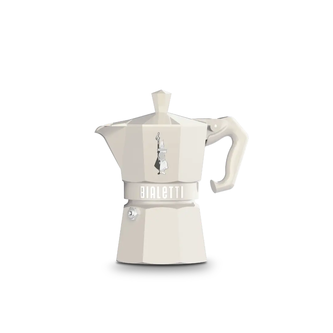 Cream-colored Bialetti Moka Express 3-cup coffee maker by Brew Italia, showcasing its classic Italian stovetop espresso design.