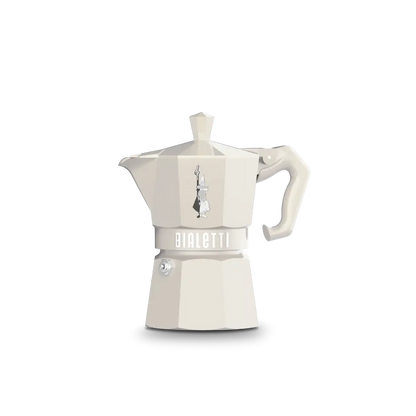 Cream-colored Bialetti Moka Express 3-cup coffee maker by Brew Italia, showcasing its classic Italian stovetop espresso design.