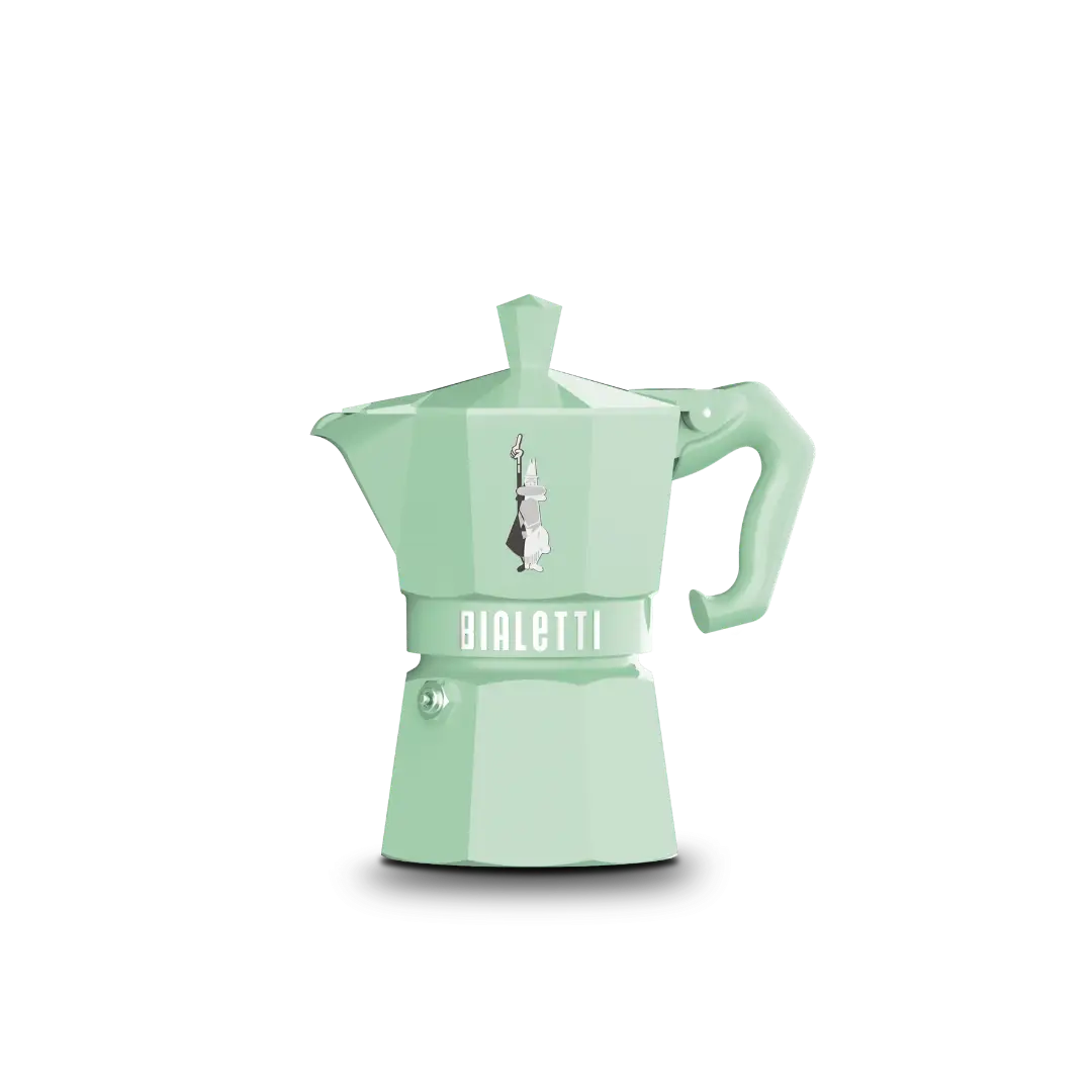 Bialetti Moka Express Exclusive 3-cup green stovetop coffee maker by Brew Italia, featuring a classic aluminum design.