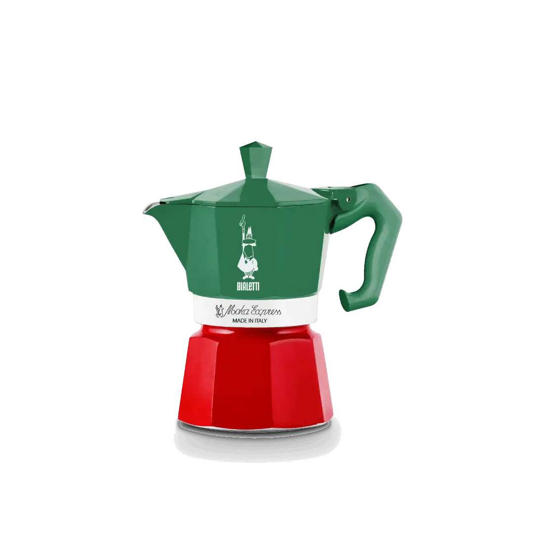 Bialetti Moka Express Italia Exclusive 3-cup stovetop coffee maker by Brew Italia with black handle and polished aluminum body.