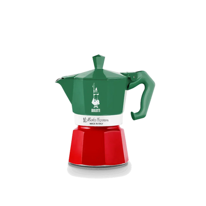 Bialetti Moka Express Italia Exclusive 3-cup stovetop coffee maker by Brew Italia with black handle and polished aluminum body.