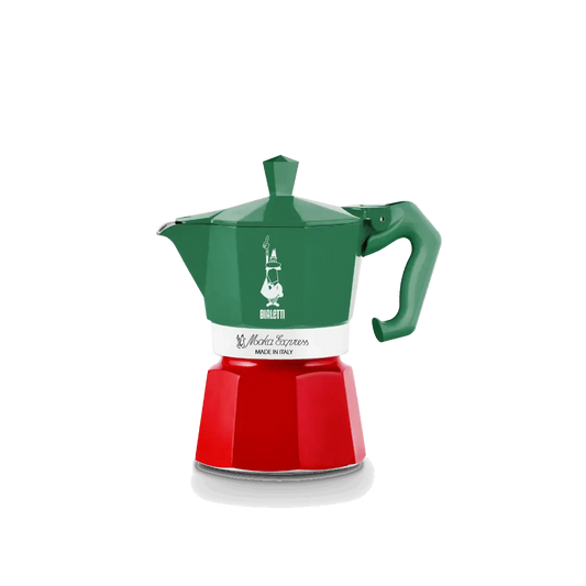 Bialetti Moka Express Italia Exclusive 3-cup stovetop coffee maker by Brew Italia with black handle and polished aluminum body.