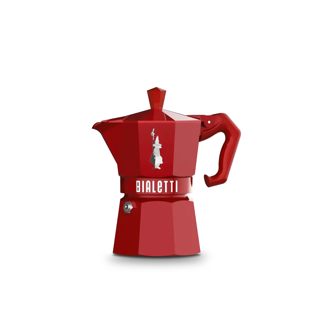 Red Bialetti Moka Express Exclusive 3-cup stovetop espresso maker by Brew Italia featuring a classic design.