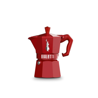 Red Bialetti Moka Express Exclusive 3-cup stovetop espresso maker by Brew Italia featuring a classic design.