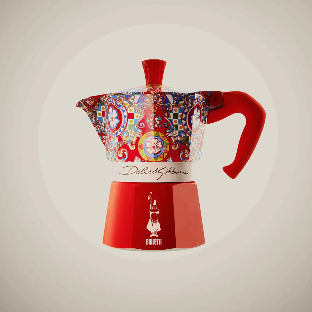 Bialetti X Dolce&Gabbana Sicilian Cart 3-cup Moka Express coffee maker with colorful ceramic handle and classic aluminum body